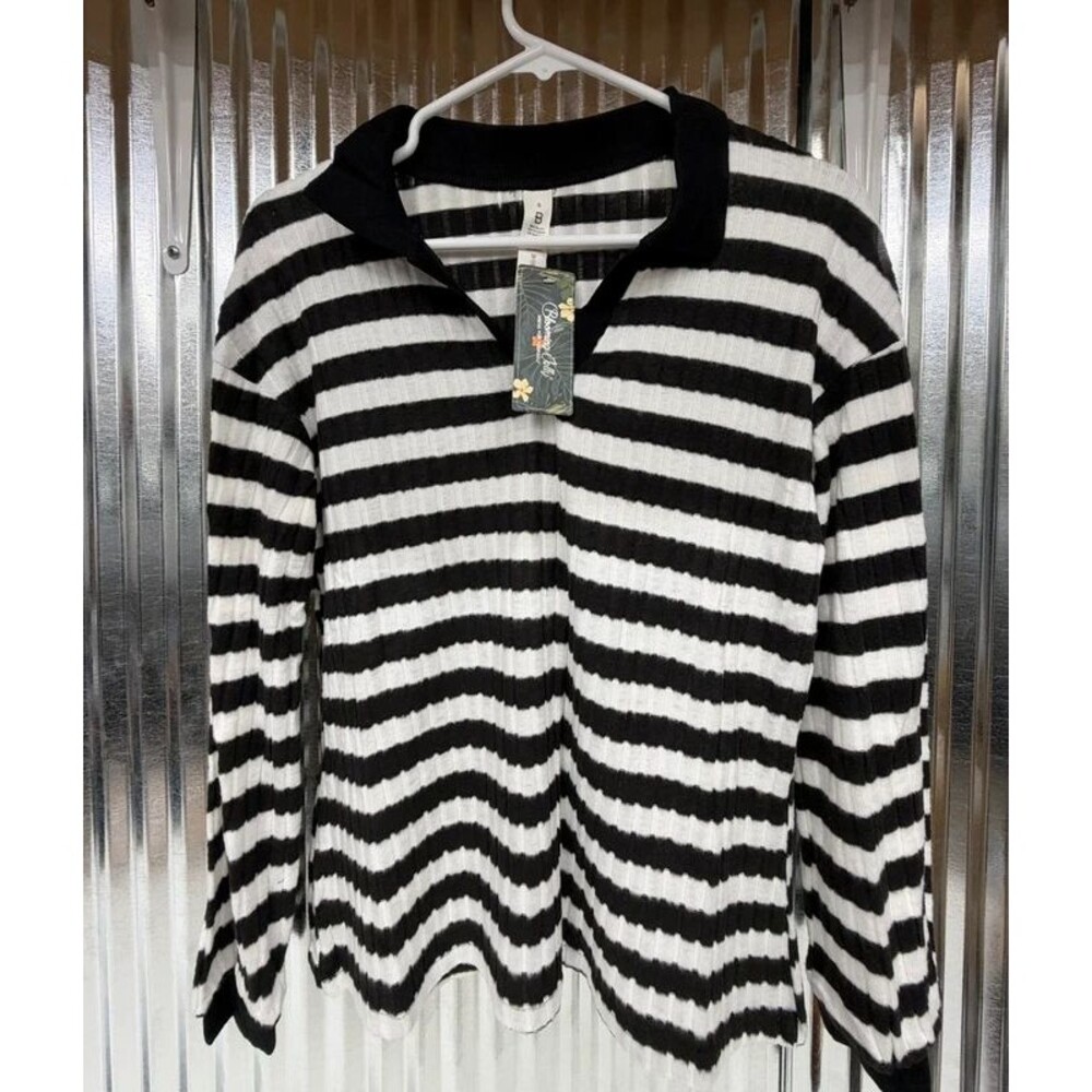 Women’s Small Black White Striped Long Sleeve Polo Top NWT